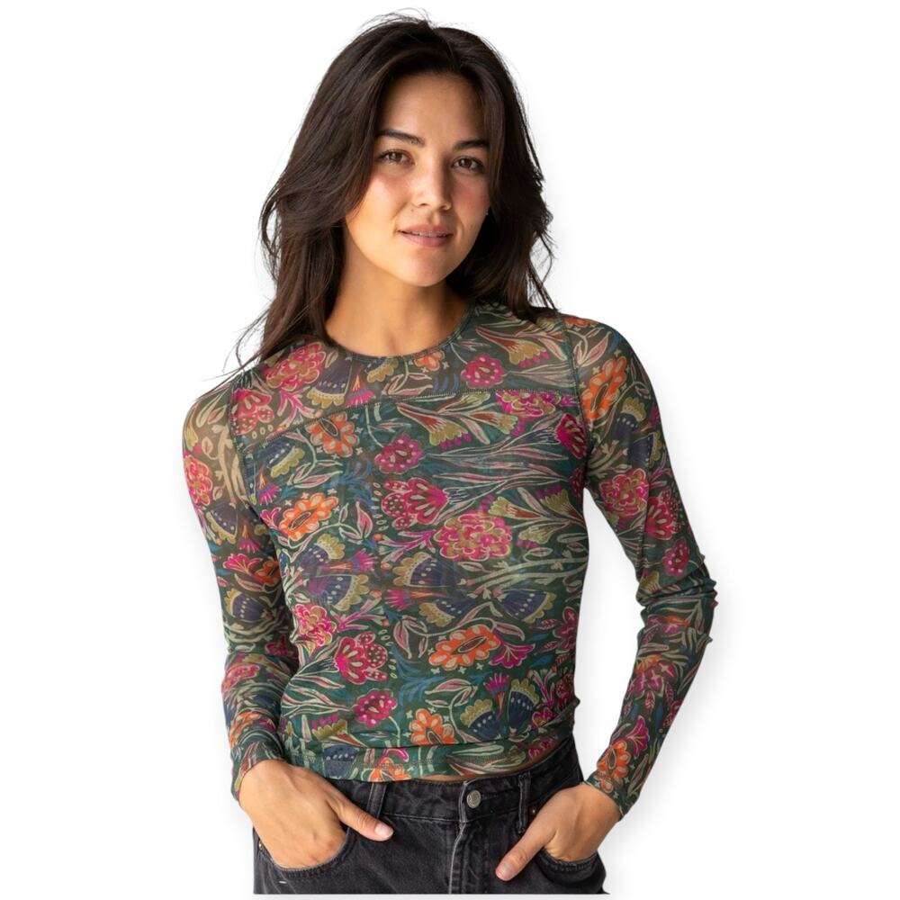 NWT Natural Life Sloane Long Sleeve Painterly Vines Floral Mesh Top Womens Small